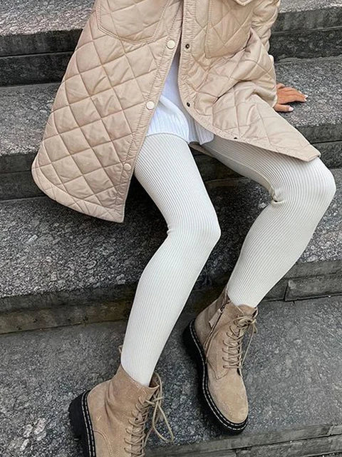 Black Ribbed Knit Leggings Women High Waist Cotton Fitness Basic Pants Casual Spring New All-Match Female Skinny Leggings