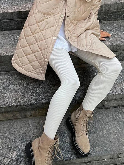 Black Ribbed Knit Leggings Women High Waist Cotton Fitness Basic Pants Casual Spring New All-Match Female Skinny Leggings