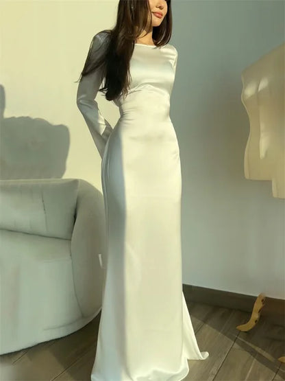 Vestido largo de satén negro con vendaje para mujer, elegante vestido de manga larga con retazos y cintura alta