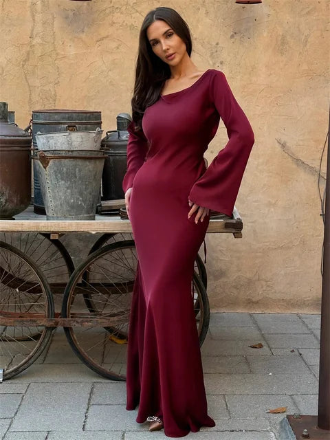 Vestido largo de satén negro con vendaje para mujer, elegante vestido de manga larga con retazos y cintura alta