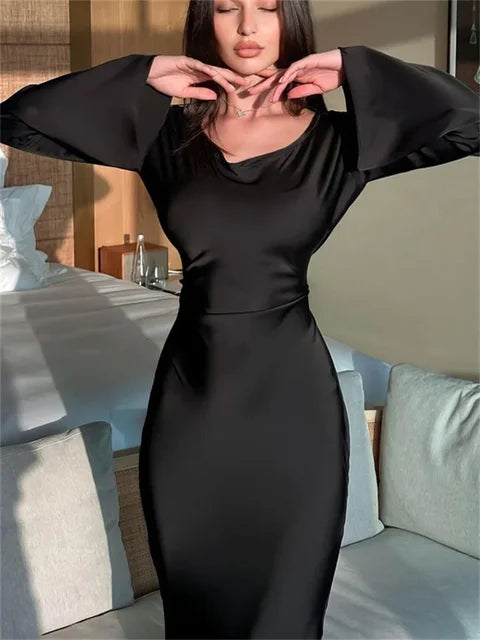 Vestido largo de satén negro con vendaje para mujer, elegante vestido de manga larga con retazos y cintura alta