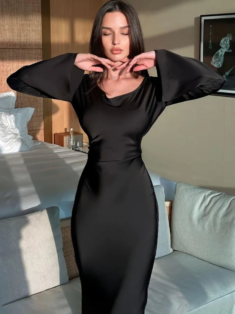 Vestido largo de satén negro con vendaje para mujer, elegante vestido de manga larga con retazos y cintura alta