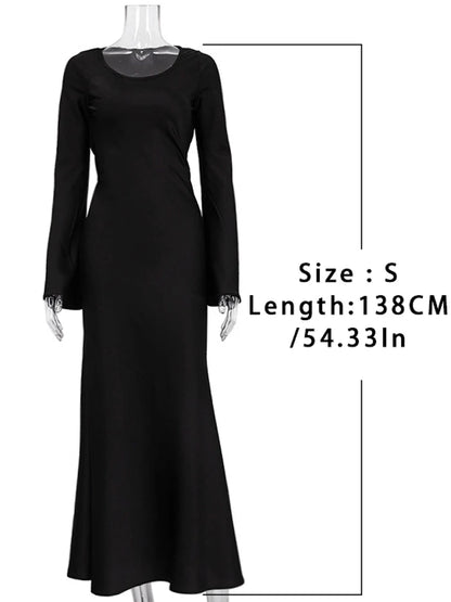 Vestido largo de satén negro con vendaje para mujer, elegante vestido de manga larga con retazos y cintura alta