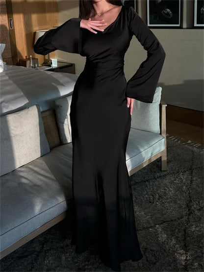 Vestido largo de satén negro con vendaje para mujer, elegante vestido de manga larga con retazos y cintura alta