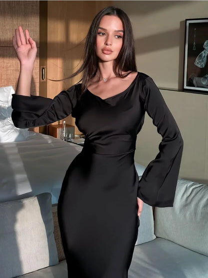 Vestido largo de satén negro con vendaje para mujer, elegante vestido de manga larga con retazos y cintura alta