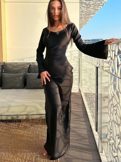 Vestido largo de satén negro con vendaje para mujer, elegante vestido de manga larga con retazos y cintura alta