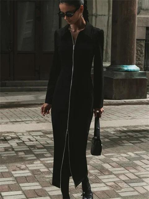 Black Zipper Lapel Maxi Dress For Women Cardigan Fashion Patchwork Vintage Slim High Waist Elegant Streetwear Women Dress