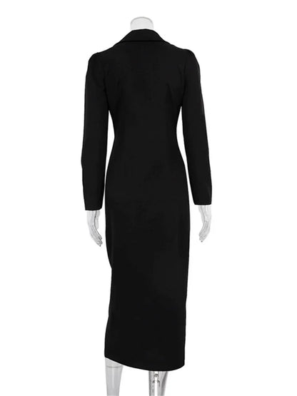 Black Zipper Lapel Maxi Dress For Women Cardigan Fashion Patchwork Vintage Slim High Waist Elegant Streetwear Women Dress