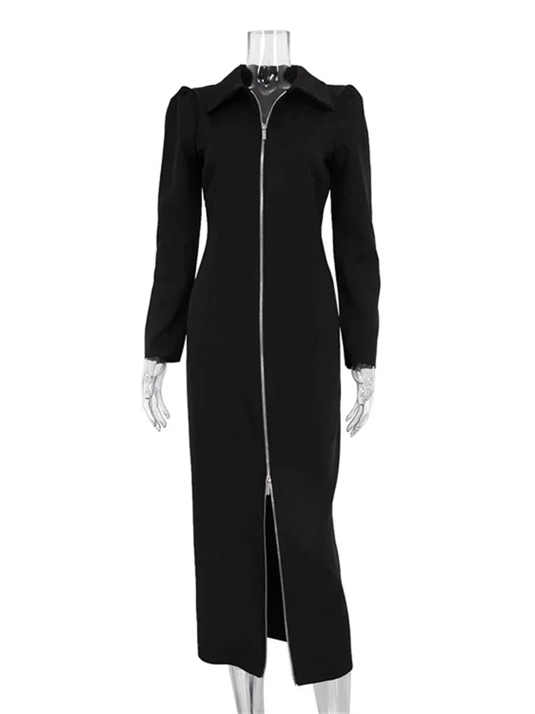 Black Zipper Lapel Maxi Dress For Women Cardigan Fashion Patchwork Vintage Slim High Waist Elegant Streetwear Women Dress