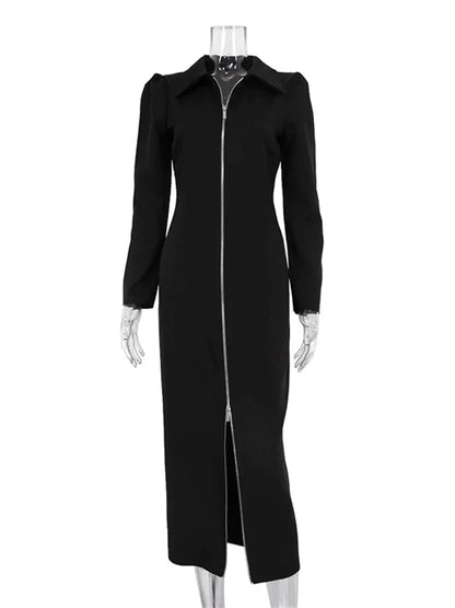 Black Zipper Lapel Maxi Dress For Women Cardigan Fashion Patchwork Vintage Slim High Waist Elegant Streetwear Women Dress
