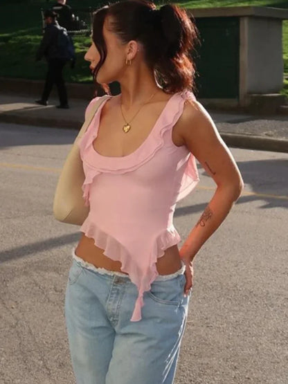 Top informal sin espalda con volantes Y2k, chaleco de retazos sin tirantes, top de calle de moda, lindo top liso con cuello redondo, jersey