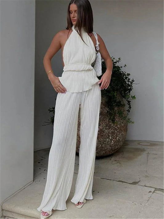 Conjunto informal holgado de dos piezas con cuello halter para mujer, traje de verano con pantalones de cintura alta, elegantes conjuntos fruncidos para viajes y vacaciones.