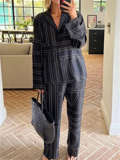 Conjunto informal de 2 piezas con estampado de patchwork para mujer, pantalones, camisas de solapa a la moda, ropa de dormir, pantalones ajustados de cintura alta para mujer.