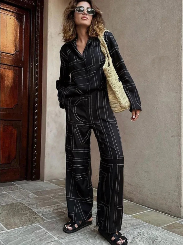 Conjunto informal de 2 piezas con estampado de patchwork para mujer, pantalones, camisas de solapa a la moda, ropa de dormir, pantalones ajustados de cintura alta para mujer.