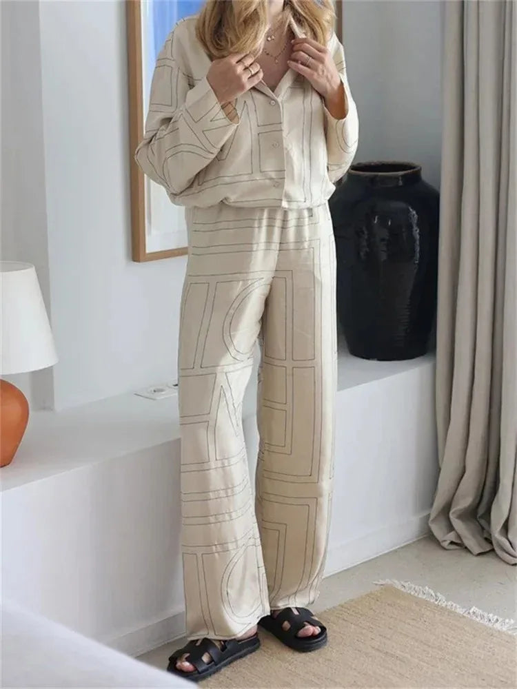 Conjunto informal de 2 piezas con estampado de patchwork para mujer, pantalones, camisas de solapa a la moda, ropa de dormir, pantalones ajustados de cintura alta para mujer.