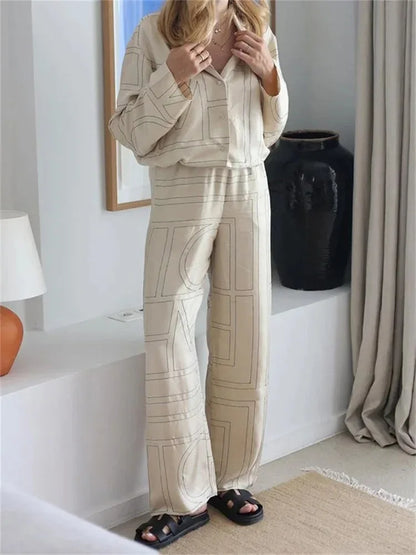 Conjunto informal de 2 piezas con estampado de patchwork para mujer, pantalones, camisas de solapa a la moda, ropa de dormir, pantalones ajustados de cintura alta para mujer.