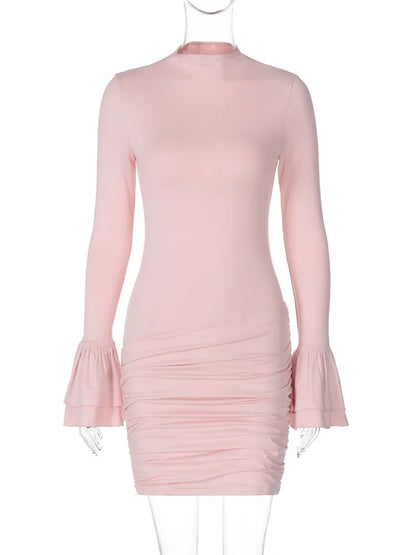 Casual Pleated High Waist Mini Dress Female Ruffled Patchwork Slim Elegant Commute Long Sleeve Dress Women’s Sexy Dress