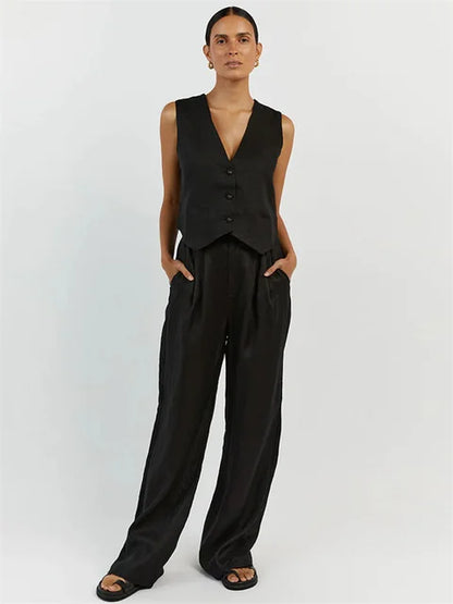 Casual Women 2 Piece-Set Straight Legg And Sleeveless Top Vestidos Sets Slim V-Neck Summer Pocket Fashion Trousers Sets