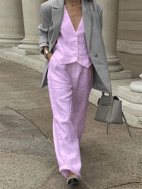 Casual Women 2 Piece-Set Straight Legg And Sleeveless Top Vestidos Sets Slim V-Neck Summer Pocket Fashion Trousers Sets