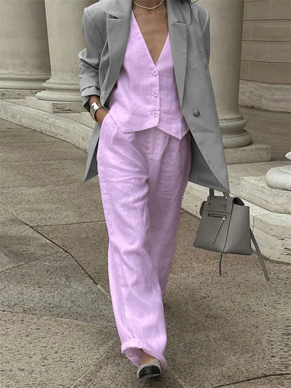 Casual Women 2 Piece-Set Straight Legg And Sleeveless Top Vestidos Sets Slim V-Neck Summer Pocket Fashion Trousers Sets