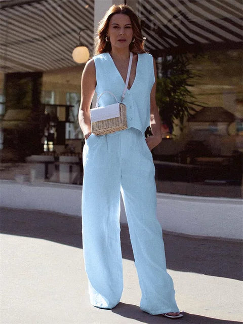 Casual Women 2 Piece-Set Straight Legg And Sleeveless Top Vestidos Sets Slim V-Neck Summer Pocket Fashion Trousers Sets