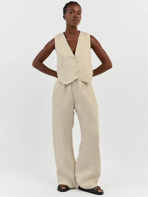 Casual Women 2 Piece-Set Straight Legg And Sleeveless Top Vestidos Sets Slim V-Neck Summer Pocket Fashion Trousers Sets