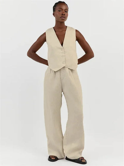 Casual Women 2 Piece-Set Straight Legg And Sleeveless Top Vestidos Sets Slim V-Neck Summer Pocket Fashion Trousers Sets