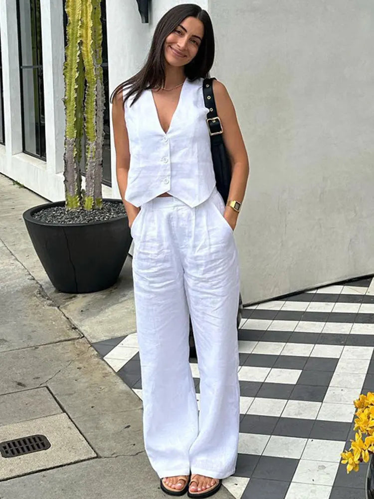 Casual Women 2 Piece-Set Straight Legg And Sleeveless Top Vestidos Sets Slim V-Neck Summer Pocket Fashion Trousers Sets