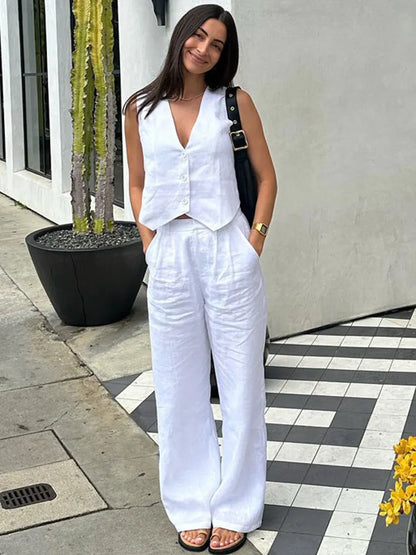 Casual Women 2 Piece-Set Straight Legg And Sleeveless Top Vestidos Sets Slim V-Neck Summer Pocket Fashion Trousers Sets