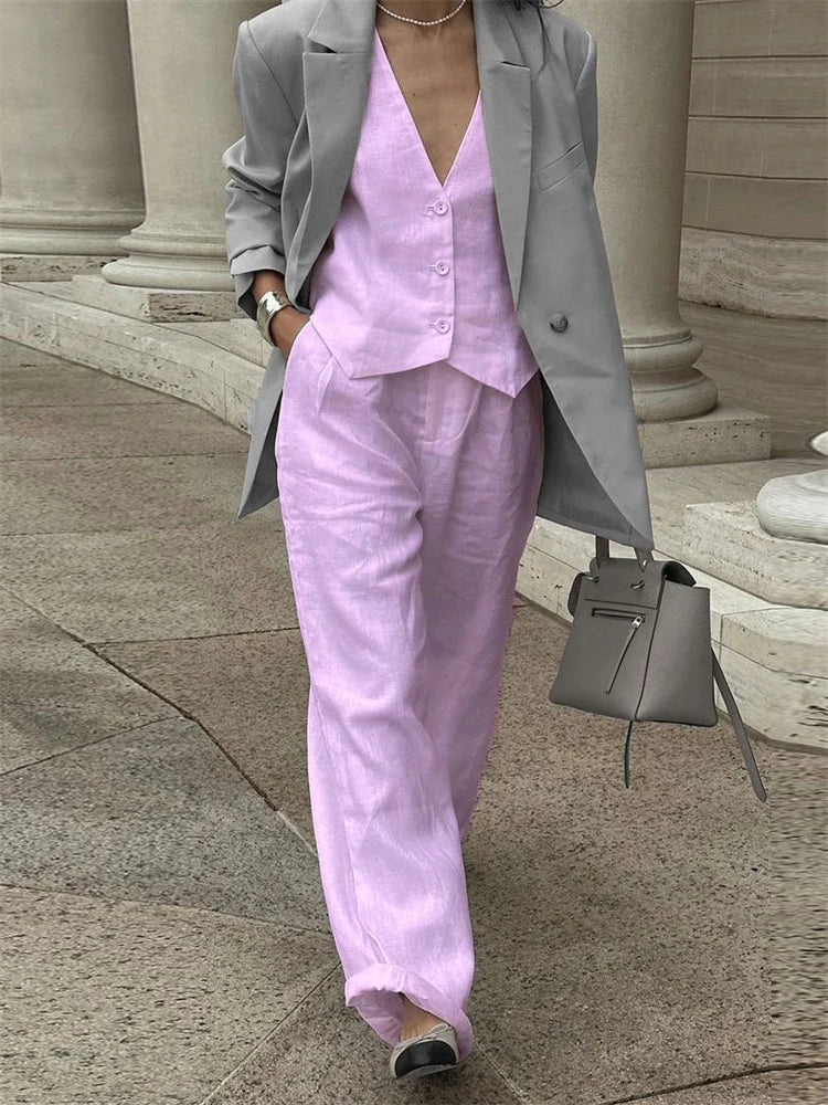 Casual Women 2 Piece-Set Straight Legg And Sleeveless Top Vestidos Sets Slim V-Neck Summer Pocket Fashion Trousers Sets