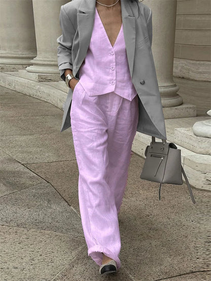 Casual Women 2 Piece-Set Straight Legg And Sleeveless Top Vestidos Sets Slim V-Neck Summer Pocket Fashion Trousers Sets