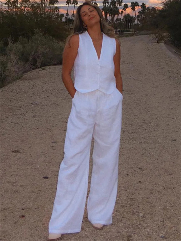Casual Women 2 Piece-Set Straight Legg And Sleeveless Top Vestidos Sets Slim V-Neck Summer Pocket Fashion Trousers Sets