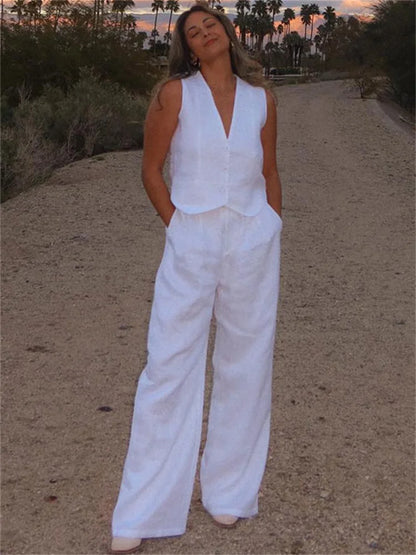 Casual Women 2 Piece-Set Straight Legg And Sleeveless Top Vestidos Sets Slim V-Neck Summer Pocket Fashion Trousers Sets