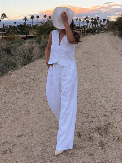 Casual Women 2 Piece-Set Straight Legg And Sleeveless Top Vestidos Sets Slim V-Neck Summer Pocket Fashion Trousers Sets