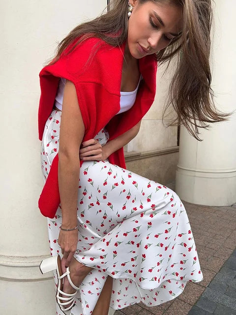 Falda con estampado de cerezas para mujer, primavera 2025, cintura alta, en forma de A, faldas de cola de pez, elegante, de moda, con retazos, falda larga suelta, nueva