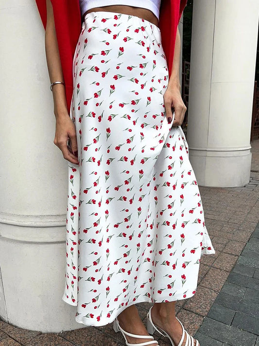 Falda con estampado de cerezas para mujer, primavera 2025, cintura alta, en forma de A, faldas de cola de pez, elegante, de moda, con retazos, falda larga suelta, nueva