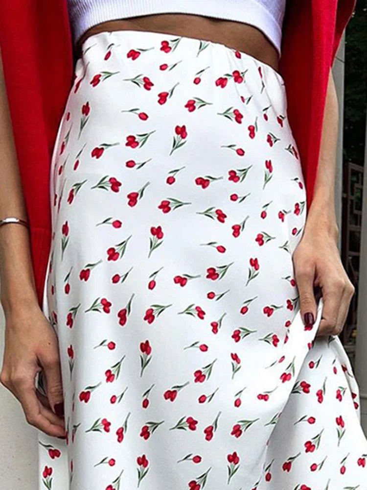 Cherry Printed Skirt Women 2025 Spring High Waist A-shaped Fish Tail Skirts Elegant Fashion Patchwork Loose Long Skirt New