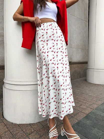 Cherry Printed Skirt Women 2025 Spring High Waist A-shaped Fish Tail Skirts Elegant Fashion Patchwork Loose Long Skirt New