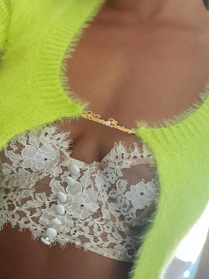 Cárdigan corto elegante, suéter de manga corta de punto de mohair, camisetas sin mangas con letras y cadena para mujer, novedad 2025