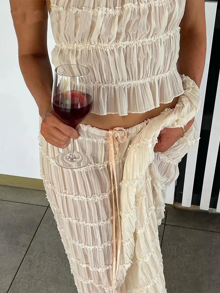 Conjunto de 2 piezas de gasa con falda larga y top de retazos con cordones y espalda descubierta para mujer, ropa elegante para mujer