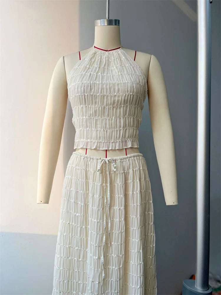 Conjunto de 2 piezas de gasa con falda larga y top de retazos con cordones y espalda descubierta para mujer, ropa elegante para mujer