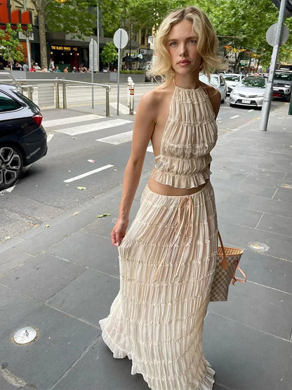 Conjunto de 2 piezas de gasa con falda larga y top de retazos con cordones y espalda descubierta para mujer, ropa elegante para mujer