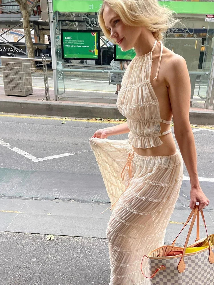 Conjunto de 2 piezas de gasa con falda larga y top de retazos con cordones y espalda descubierta para mujer, ropa elegante para mujer