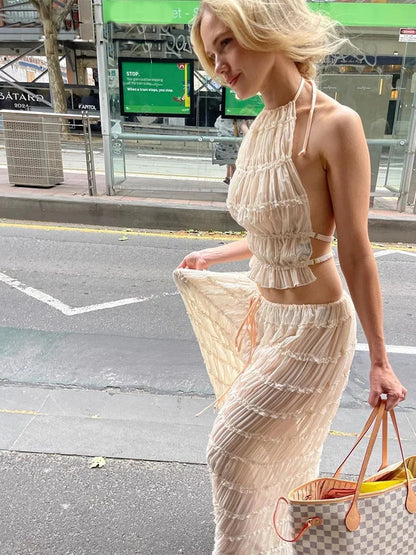 Conjunto de 2 piezas de gasa con falda larga y top de retazos con cordones y espalda descubierta para mujer, ropa elegante para mujer
