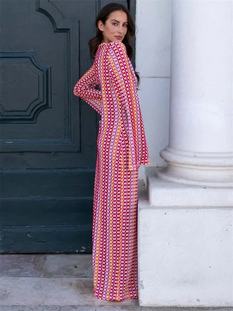 Vestido largo con escote en V y aberturas en contraste para mujer, ajustado, holgado, de calle, de manga larga, con encaje, estilo patchwork, a la moda