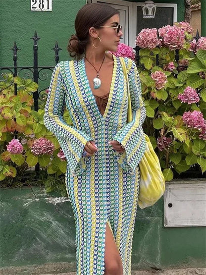 Vestido largo con escote en V y aberturas en contraste para mujer, ajustado, holgado, de calle, de manga larga, con encaje, estilo patchwork, a la moda