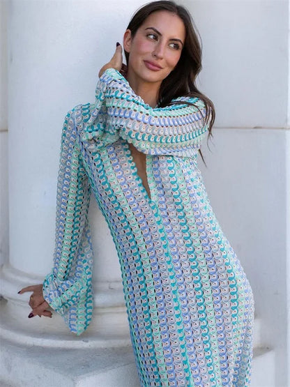 Vestido largo con escote en V y aberturas en contraste para mujer, ajustado, holgado, de calle, de manga larga, con encaje, estilo patchwork, a la moda