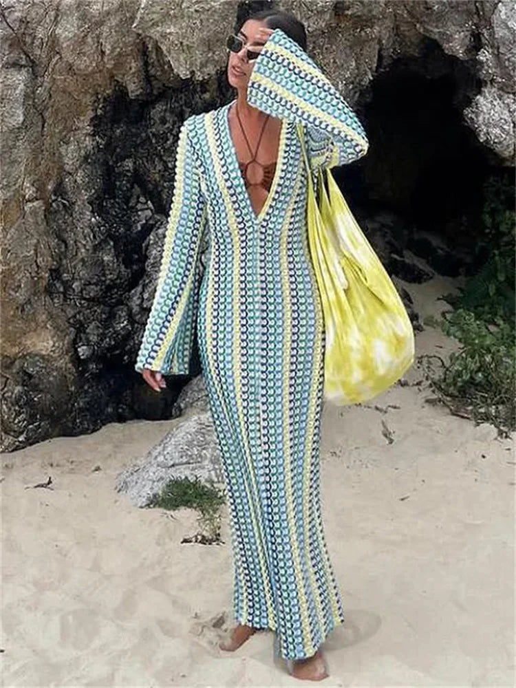 Vestido largo con escote en V y aberturas en contraste para mujer, ajustado, holgado, de calle, de manga larga, con encaje, estilo patchwork, a la moda