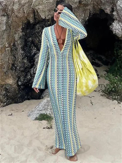 Vestido largo con escote en V y aberturas en contraste para mujer, ajustado, holgado, de calle, de manga larga, con encaje, estilo patchwork, a la moda