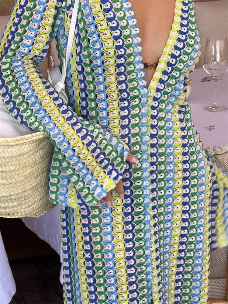 Vestido largo con escote en V y aberturas en contraste para mujer, ajustado, holgado, de calle, de manga larga, con encaje, estilo patchwork, a la moda